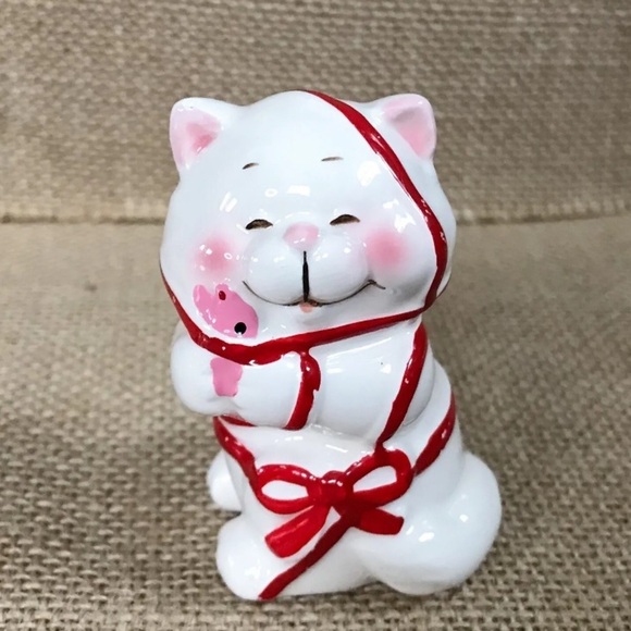 Vintage Other - Vintage White Cat Figurine Kitty Wrapped In Ribbon Cute Twee Kitsch Whimsical
